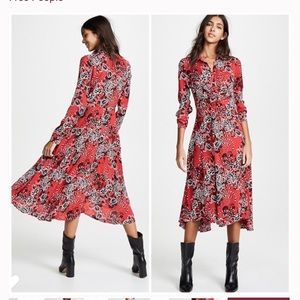 Free People Red Tough Love Shirt Dress Maxi Paisly